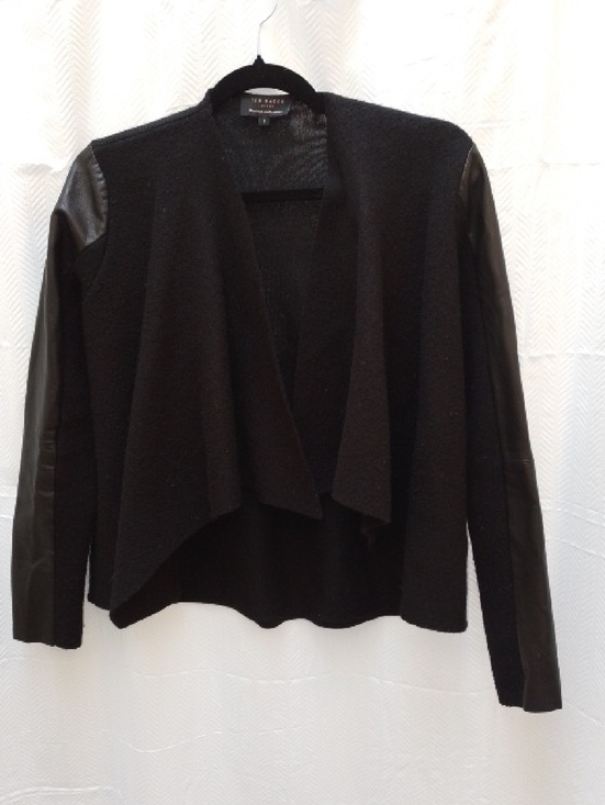 Ted Baker Sweaters - Ted Baker Black Knit Open Cardigan Wool & Leather Sleeves